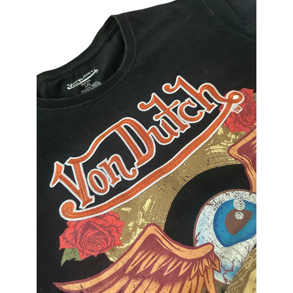 Von Dutch Mens Embroidered Legendary Flying Eyeball Rose T-Shirt Black Large